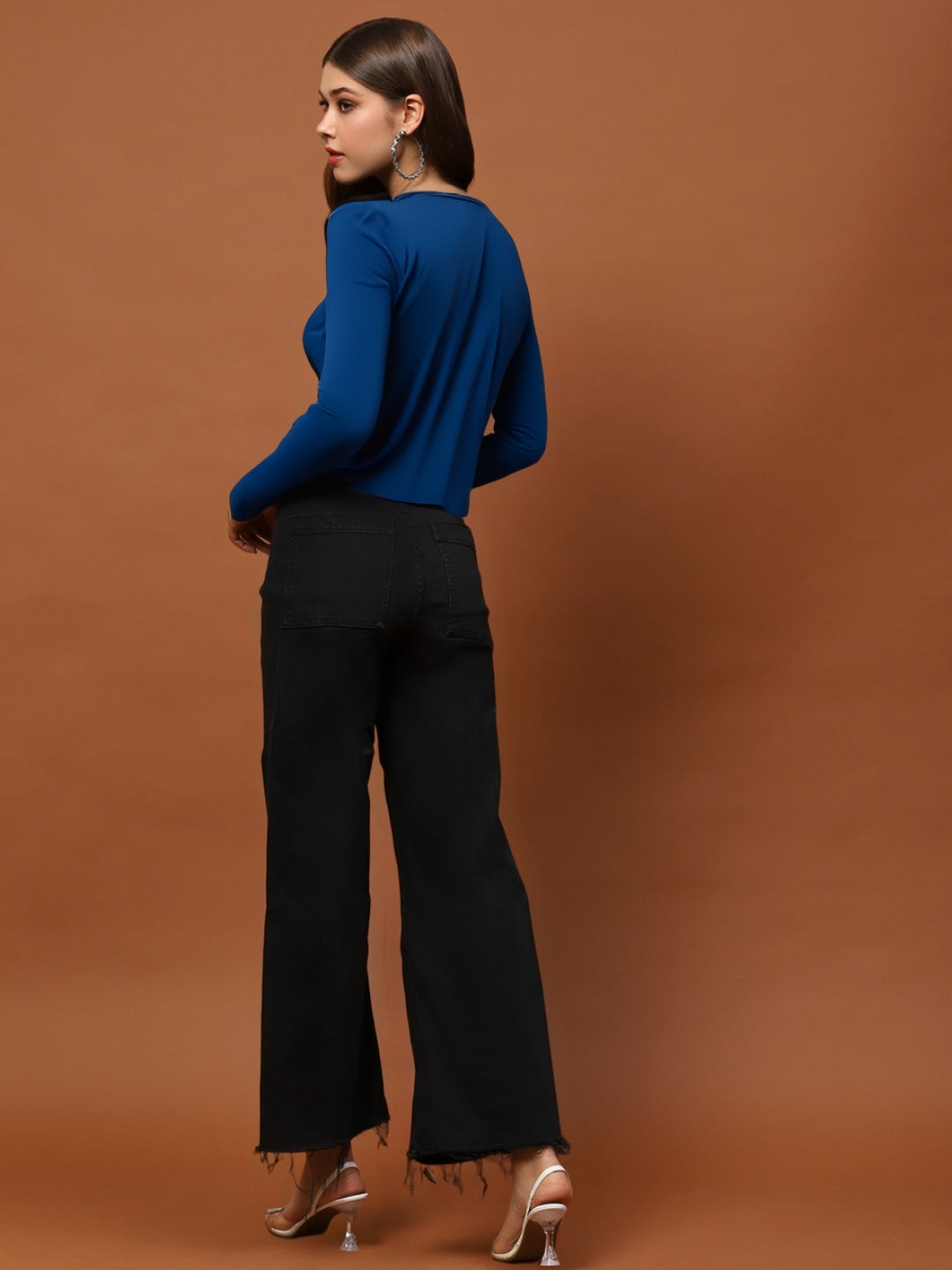 Blue Draped Neck Stylish Long Sleeve Elegant Casual Top