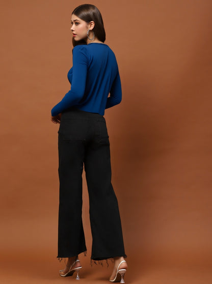 Blue Draped Neck Stylish Long Sleeve Elegant Casual Top