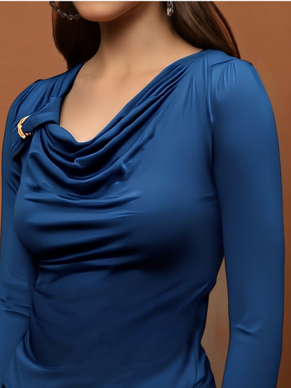 Blue Draped Neck Stylish Long Sleeve Elegant Casual Top