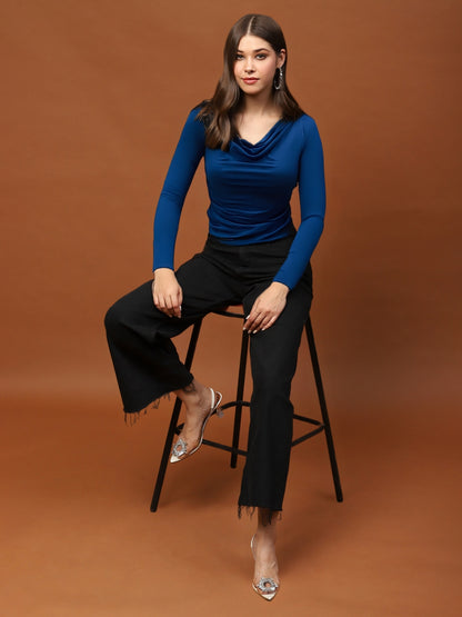 Blue Draped Neck Stylish Long Sleeve Elegant Casual Top
