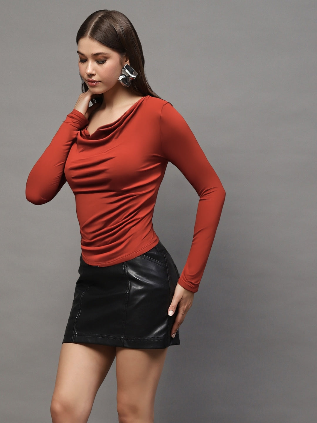 Rust Draped Neck Stylish Long Sleeve Fitted Elegant Casual Top