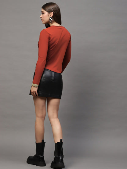 Rust Draped Neck Stylish Long Sleeve Fitted Elegant Casual Top