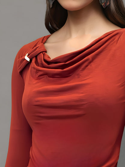 Rust Draped Neck Stylish Long Sleeve Fitted Elegant Casual Top