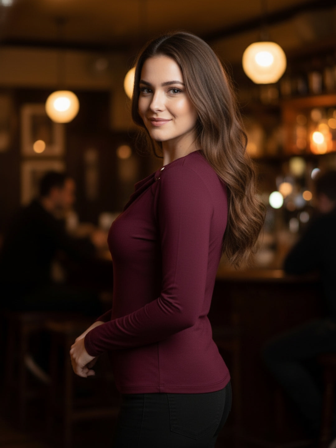 Wine Draped Neck Stylish Long Sleeve Fitted  Elegant Casual Top