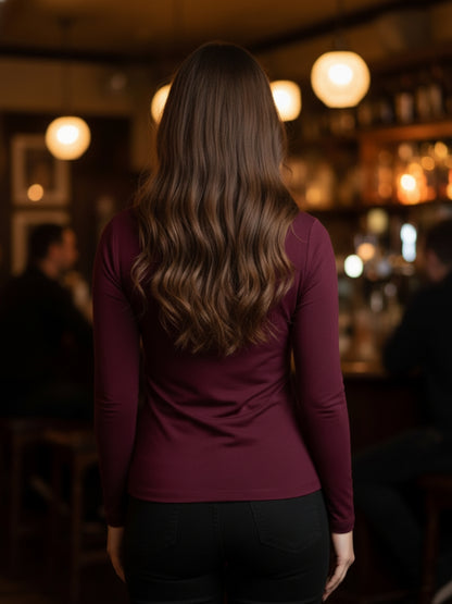 Wine Draped Neck Stylish Long Sleeve Fitted  Elegant Casual Top