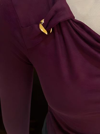 Wine Draped Neck Stylish Long Sleeve Fitted  Elegant Casual Top