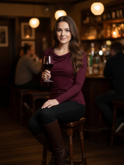 Wine Draped Neck Stylish Long Sleeve Fitted  Elegant Casual Top