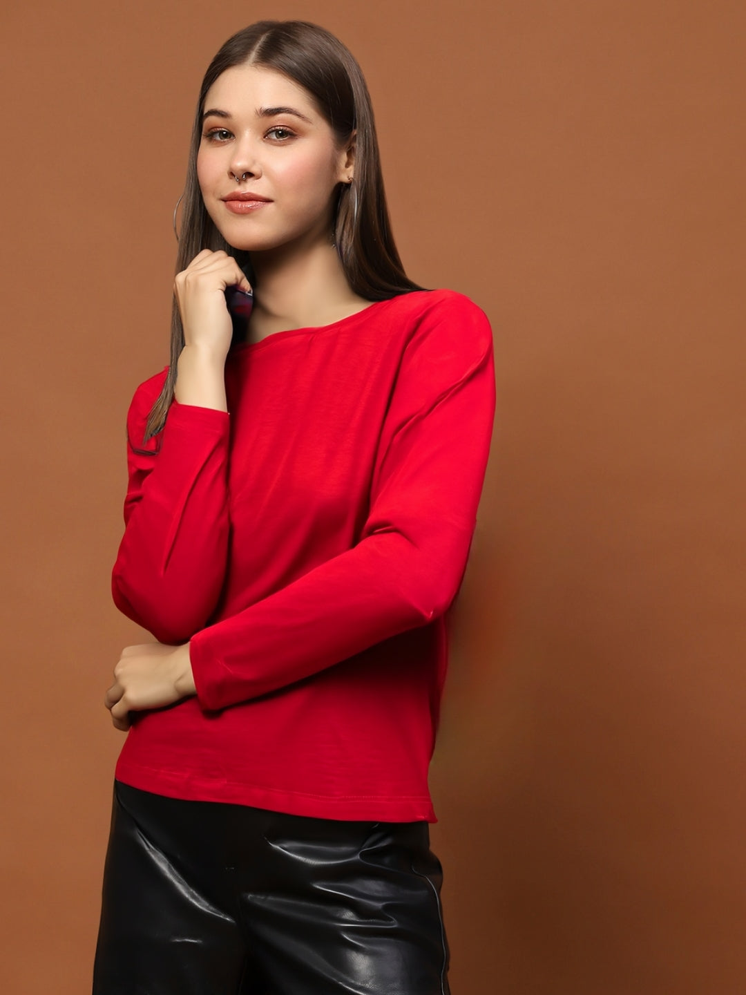 Classic Red Long Sleeve  Casual Chic Round Neck Basic Top