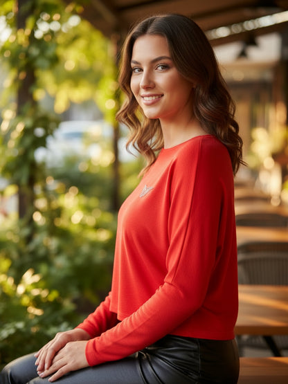 Classic Red Long Sleeve  Casual Chic Round Neck Basic Top