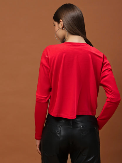 Classic Red Long Sleeve  Casual Chic Round Neck Basic Top