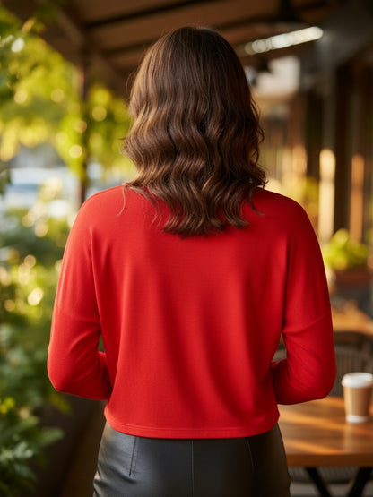 Classic Red Long Sleeve  Casual Chic Round Neck Basic Top