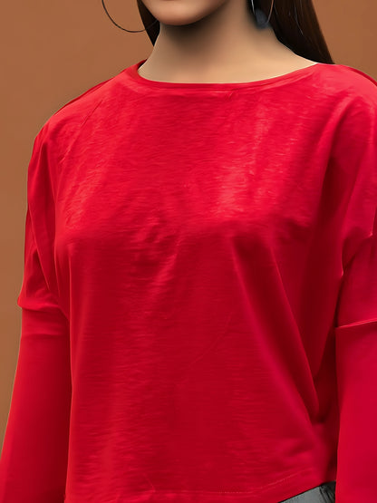 Classic Red Long Sleeve  Casual Chic Round Neck Basic Top