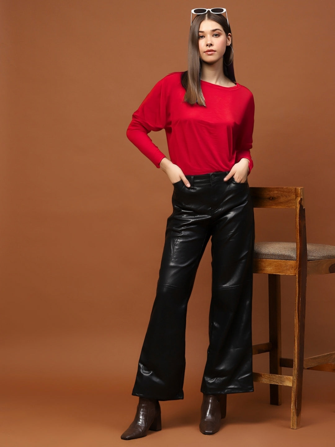 Classic Red Long Sleeve  Casual Chic Round Neck Basic Top