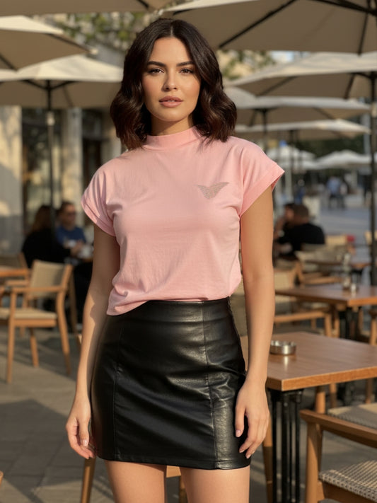 Pink Mock Neck  Short Sleeve Casual Fitted Crop Top
