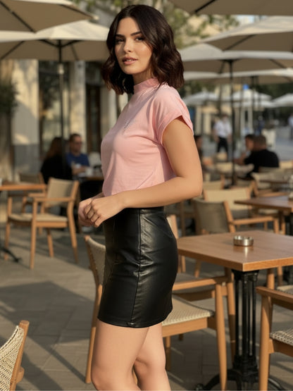 Pink Mock Neck  Short Sleeve Casual Fitted Crop Top