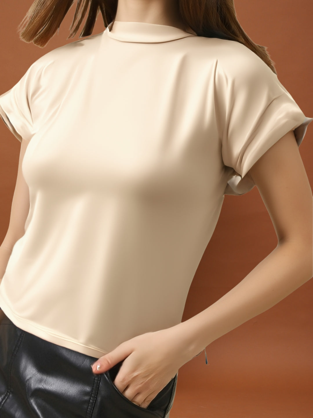 Beige Mock Neck Short Sleeve Minimalist Casual Crop Top