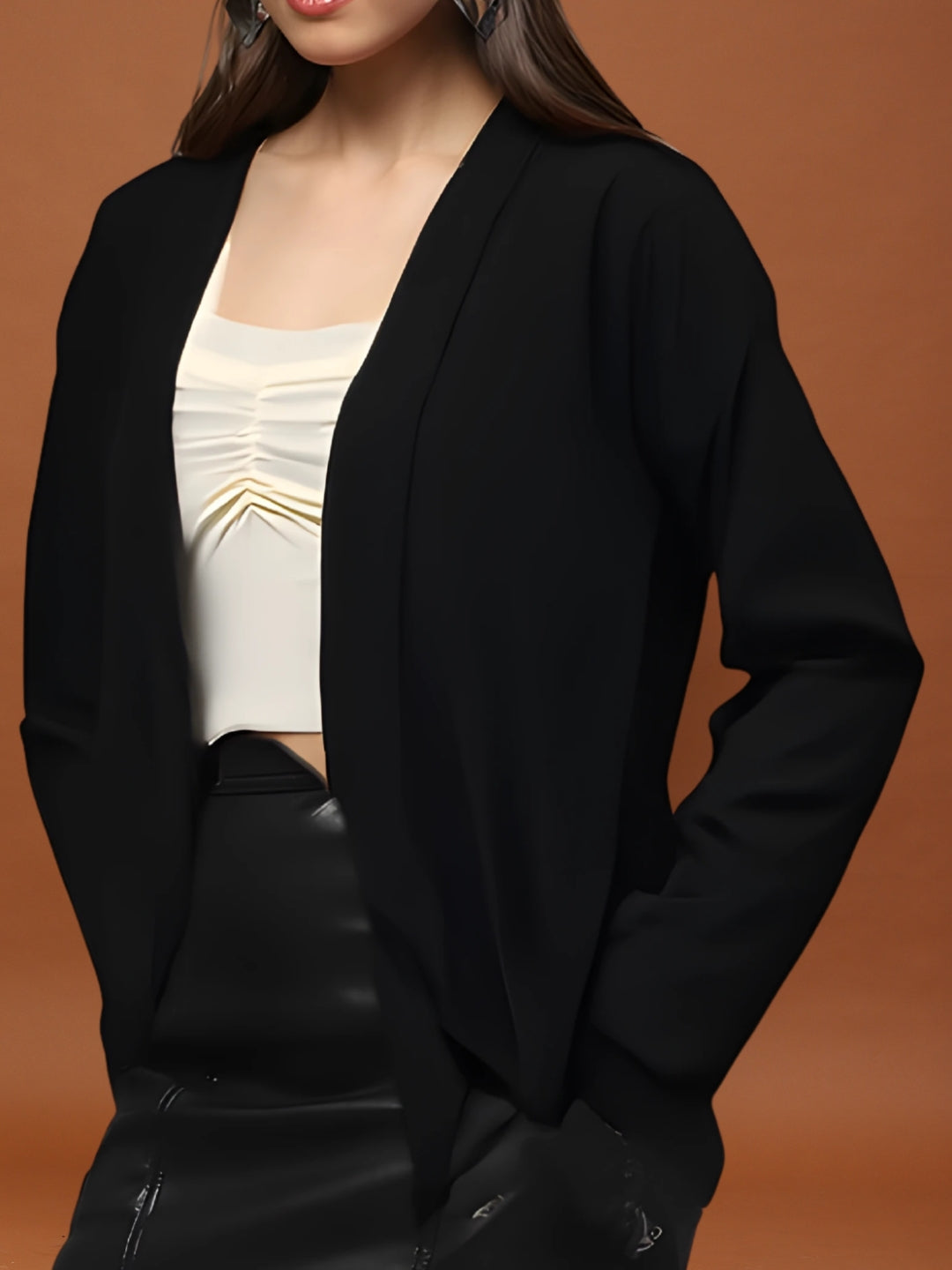 Black  Stylish Open Front Long Sleeve Shrug  Casual Shrug