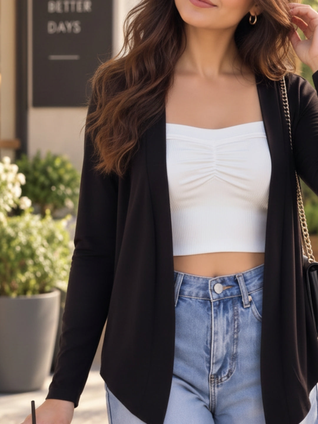 Black  Stylish Open Front Long Sleeve Shrug  Casual Shrug