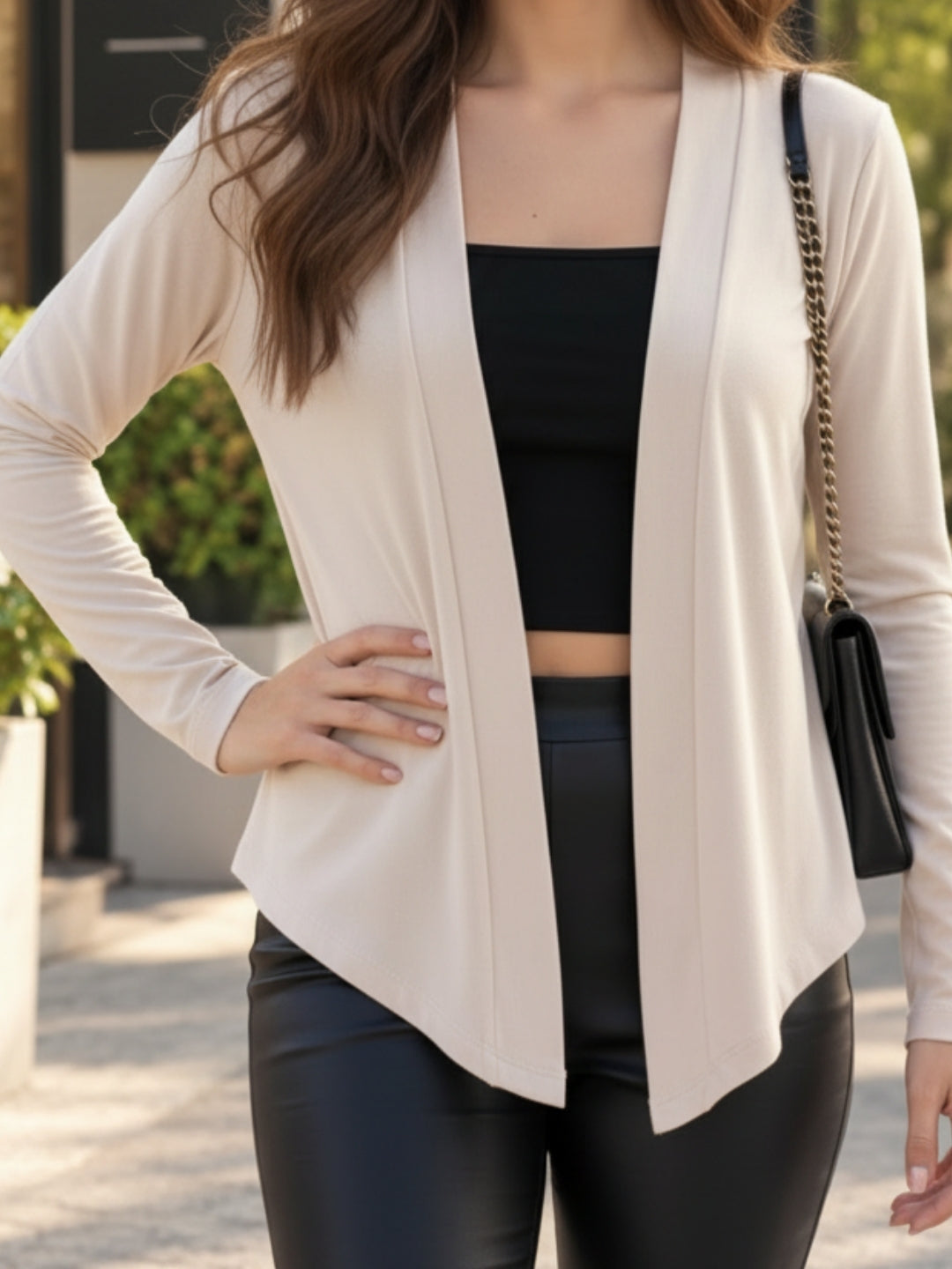 Beige Open Front  Lightweight Long Sleeve Casual Cardigan Shrug