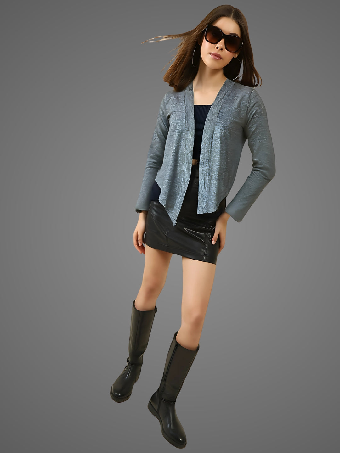 Grey Shrug for Women Stylish Open Front Long Sleeve Shrug