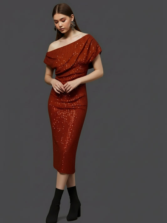 Rust Sequin One Shoulder Bodycon Mini Dress – Glamorous Party & Evening Wear