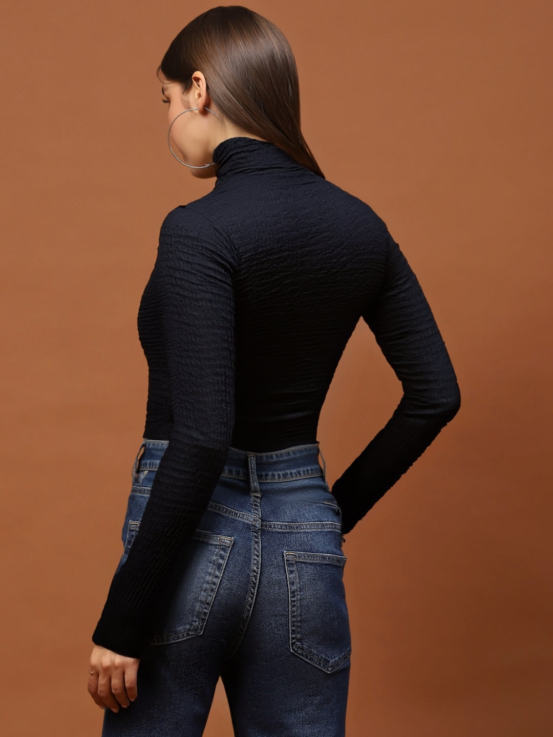 Black High Neck Full Sleeve Top for Women – Stylish Ribbed Stretch Crop Tee