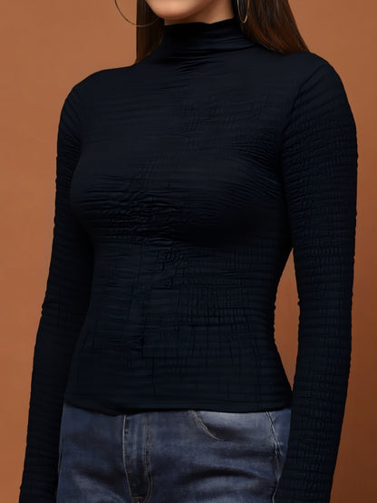 Black High Neck Full Sleeve Top for Women – Stylish Ribbed Stretch Crop Tee