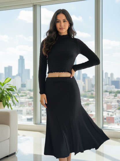 Black High Neck Full Sleeve Top with skirt Women – Stylish Ribbed Stretch cord-Set