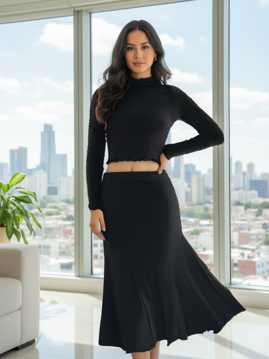 Black High Neck Full Sleeve Top with skirt Women – Stylish Ribbed Stretch cord-Set