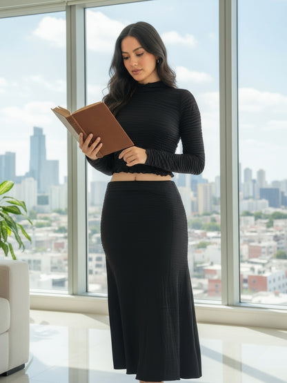 Black High Neck Full Sleeve Top with skirt Women – Stylish Ribbed Stretch cord-Set