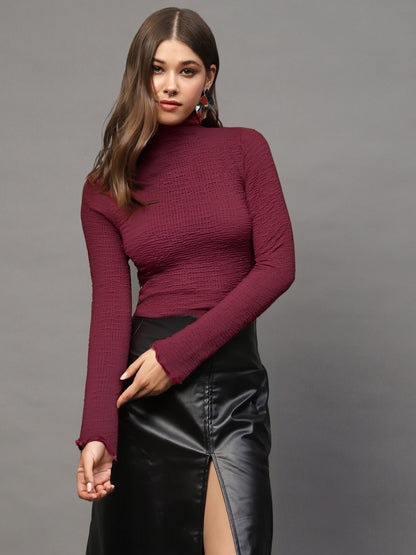 Maroon High Neck Full Sleeve Top for Women – Stylish Ribbed Stretch Crop Tee