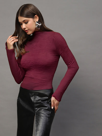 Maroon High Neck Full Sleeve Top for Women – Stylish Ribbed Stretch Crop Tee
