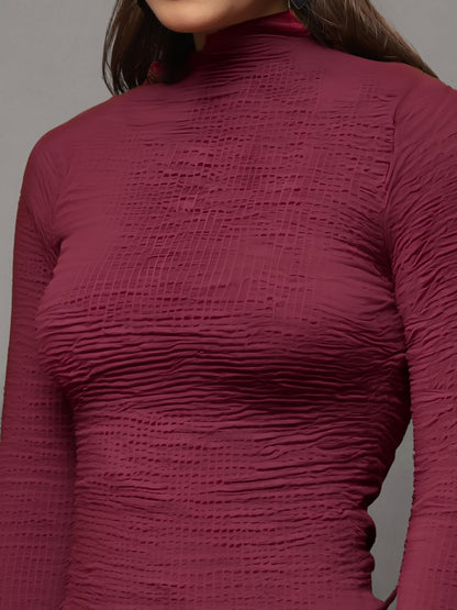 Maroon High Neck Full Sleeve Top for Women – Stylish Ribbed Stretch Crop Tee