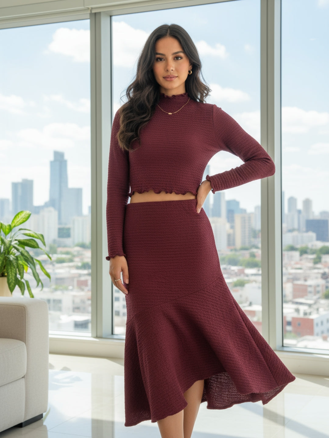 Maroon High Neck Full Sleeve Top and skirt Women – Stylish Ribbed Stretch Cord-set