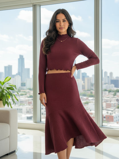 Maroon High Neck Full Sleeve Top and skirt Women – Stylish Ribbed Stretch Cord-set