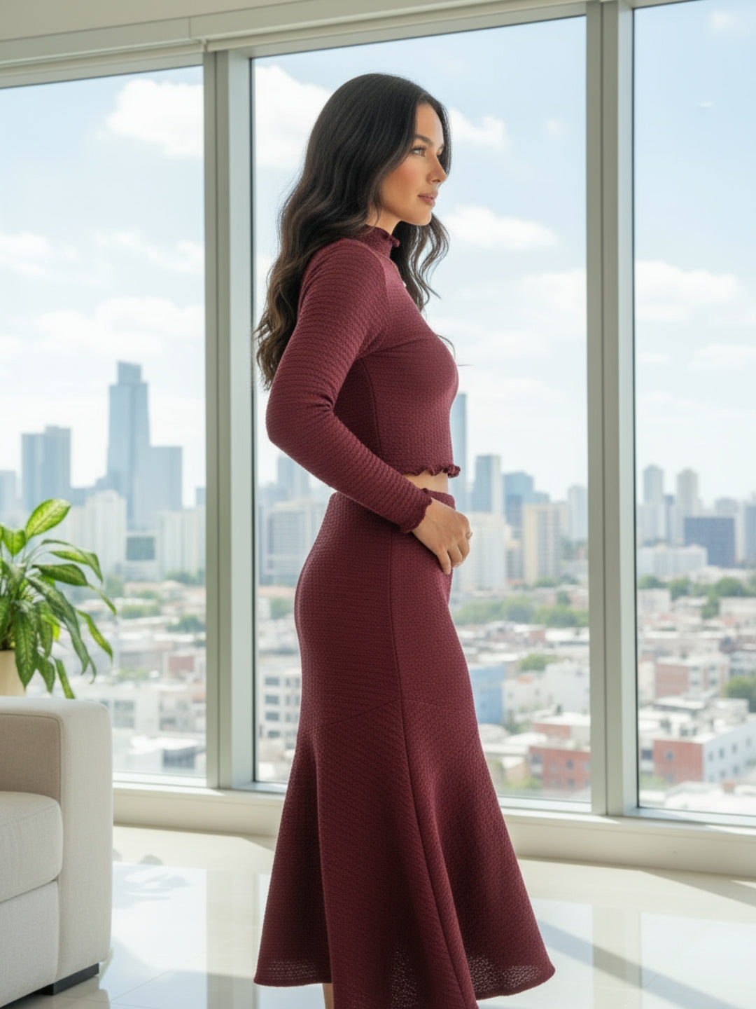 Maroon High Neck Full Sleeve Top and skirt Women – Stylish Ribbed Stretch Cord-set