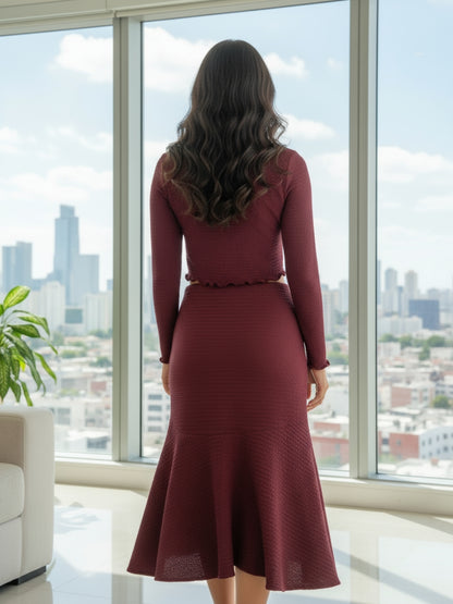 Maroon High Neck Full Sleeve Top and skirt Women – Stylish Ribbed Stretch Cord-set