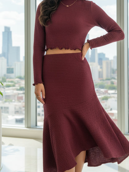Maroon High Neck Full Sleeve Top and skirt Women – Stylish Ribbed Stretch Cord-set