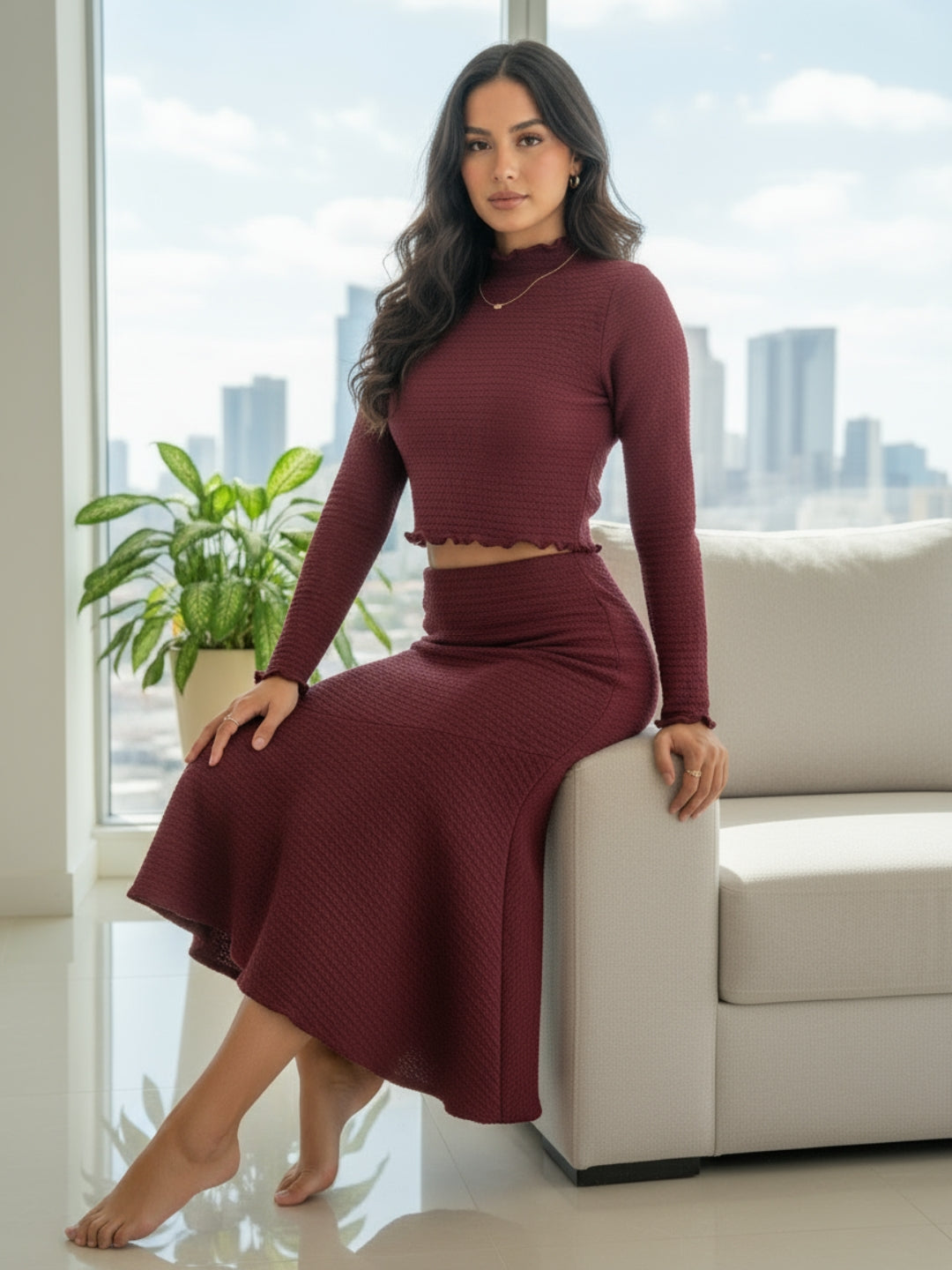 Maroon High Neck Full Sleeve Top and skirt Women – Stylish Ribbed Stretch Cord-set