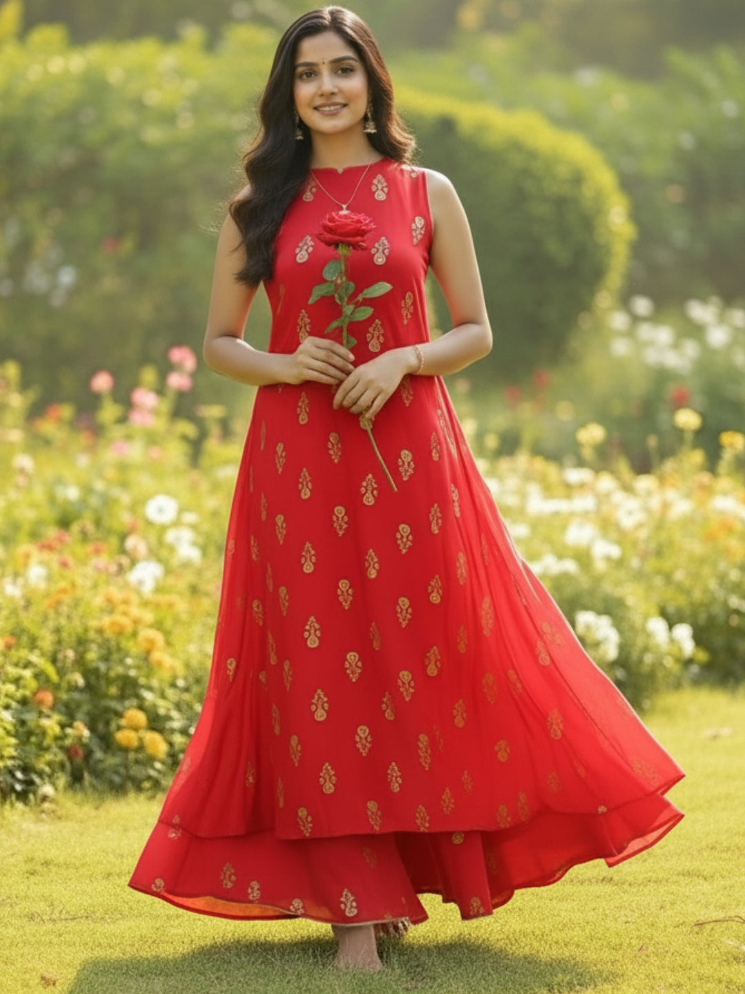 Elegant Red Cord-Set with Golden Print – Perfect Festive & Party Wear