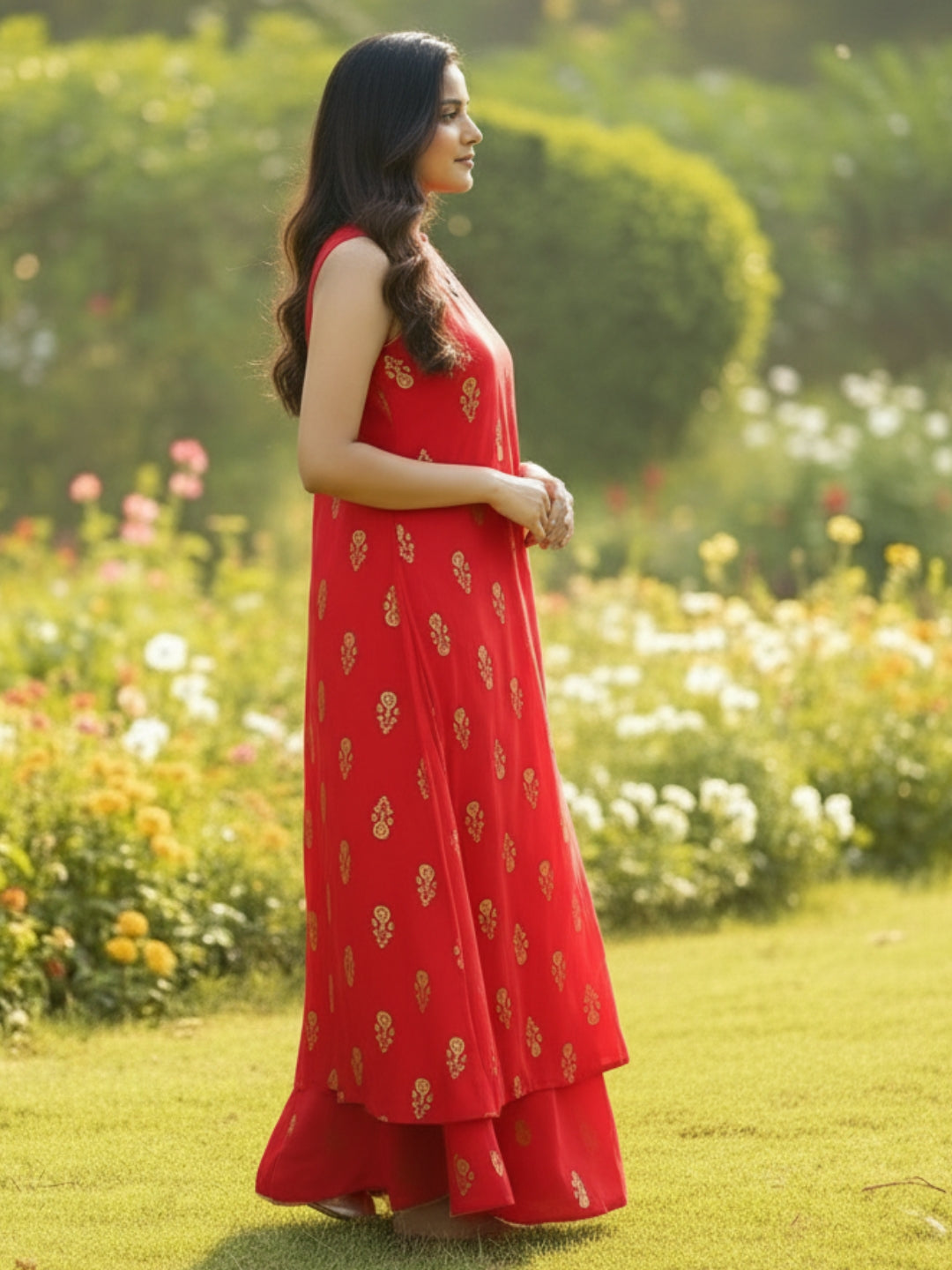 Elegant Red Cord-Set with Golden Print – Perfect Festive & Party Wear