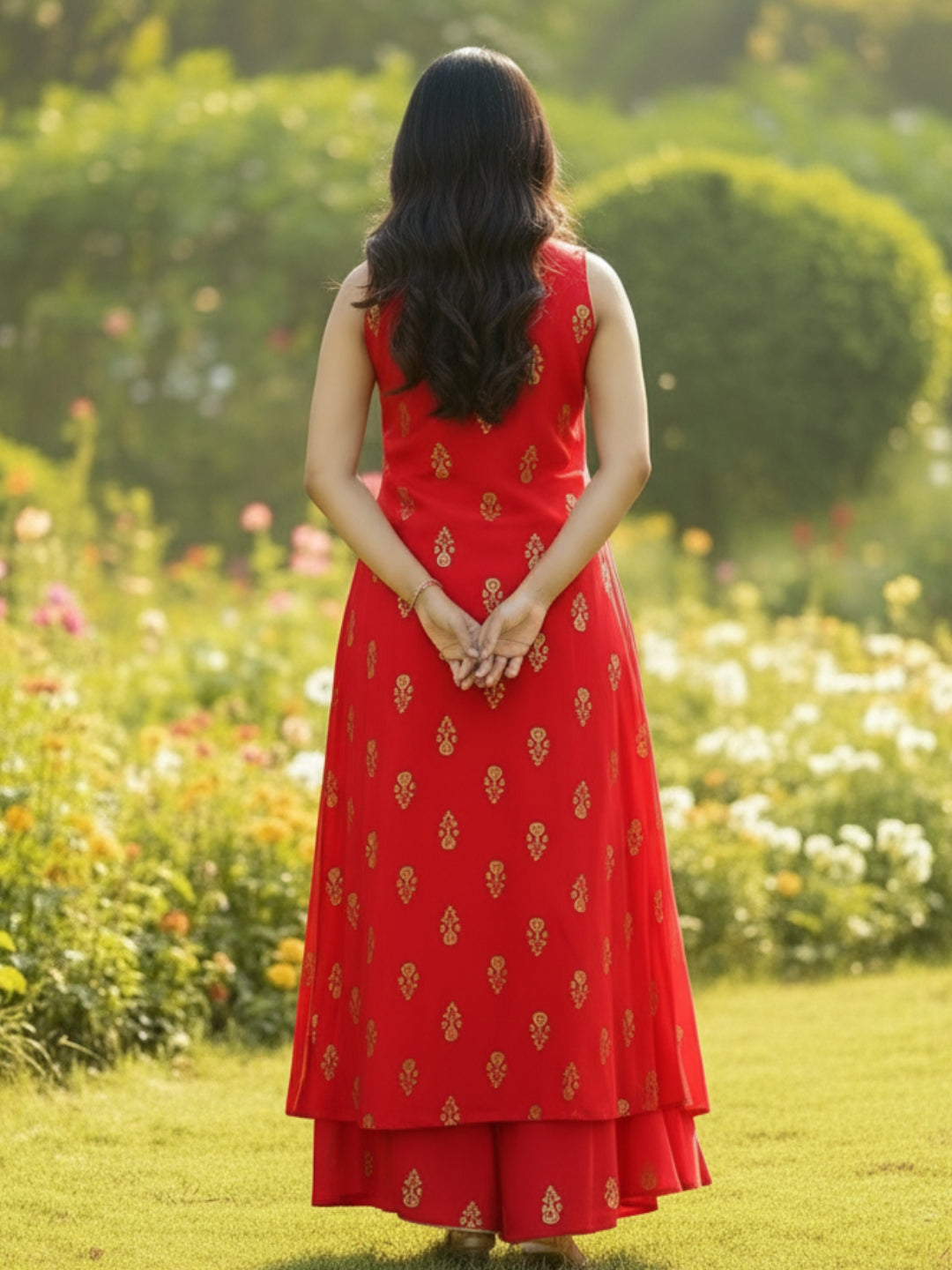 Elegant Red Cord-Set with Golden Print – Perfect Festive & Party Wear