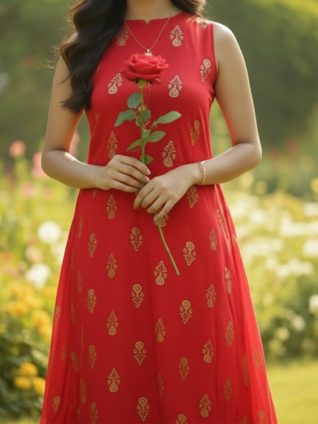 Elegant Red Cord-Set with Golden Print – Perfect Festive & Party Wear