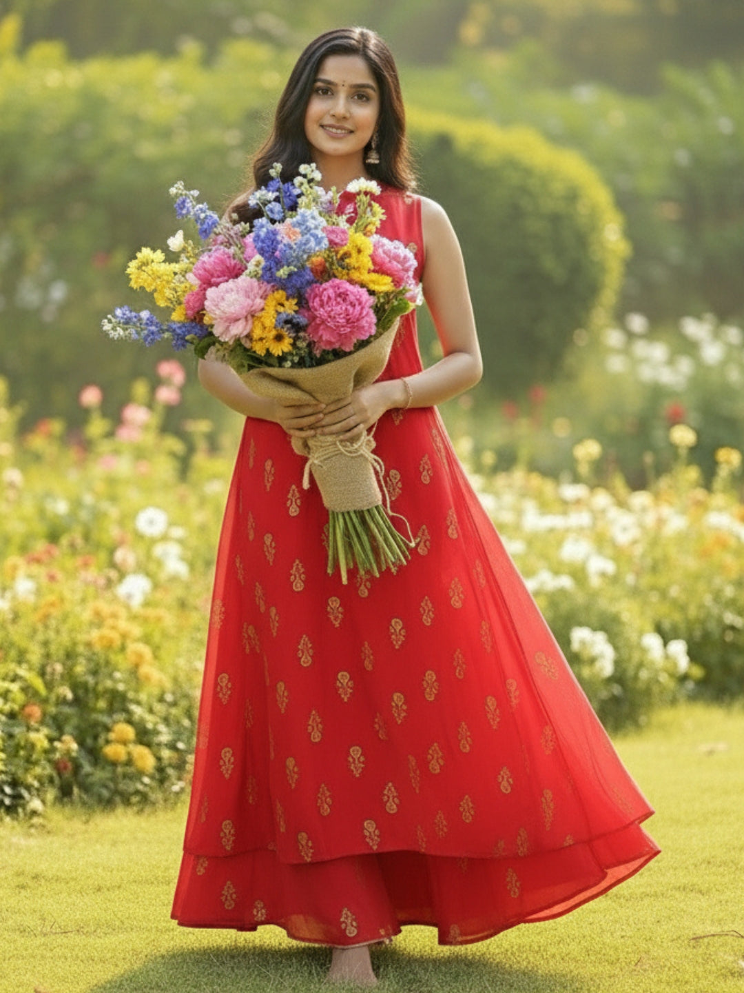 Elegant Red Cord-Set with Golden Print – Perfect Festive & Party Wear