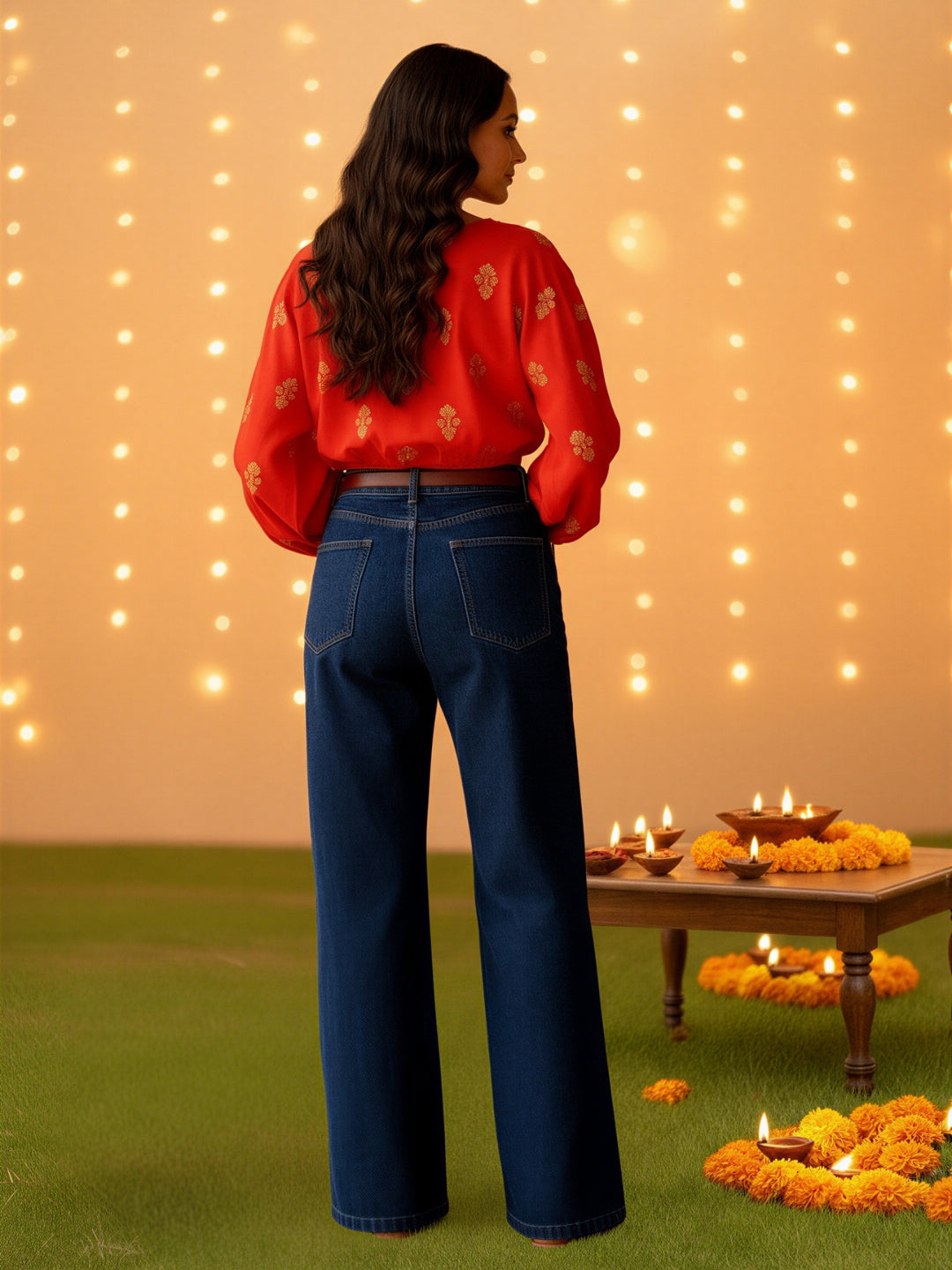 Red Printed V-Neck Top for Women | Festive Ethnic Style Blouse