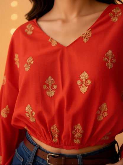 Red Printed V-Neck Top for Women | Festive Ethnic Style Blouse