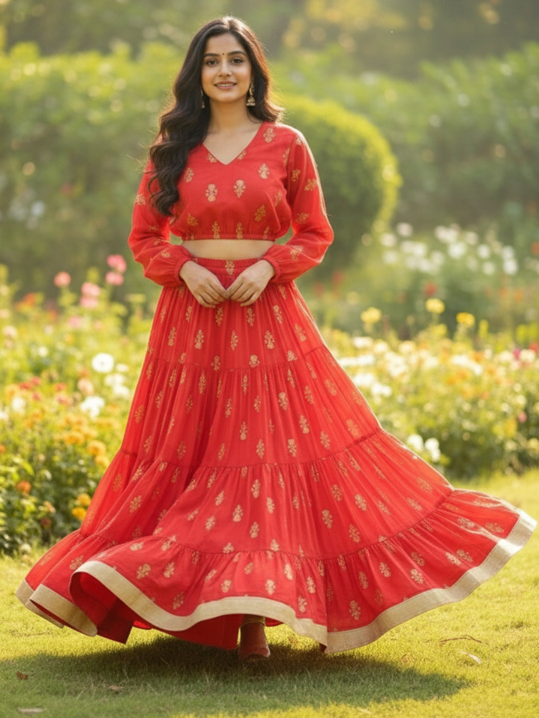 Elegant Red Printed Cord-Set for Women, Festive & Wedding Wear Outfit