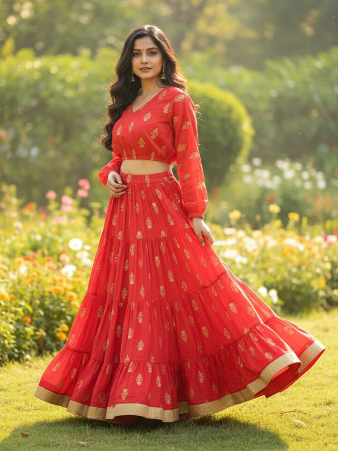 Elegant Red Printed Cord-Set for Women, Festive & Wedding Wear Outfit