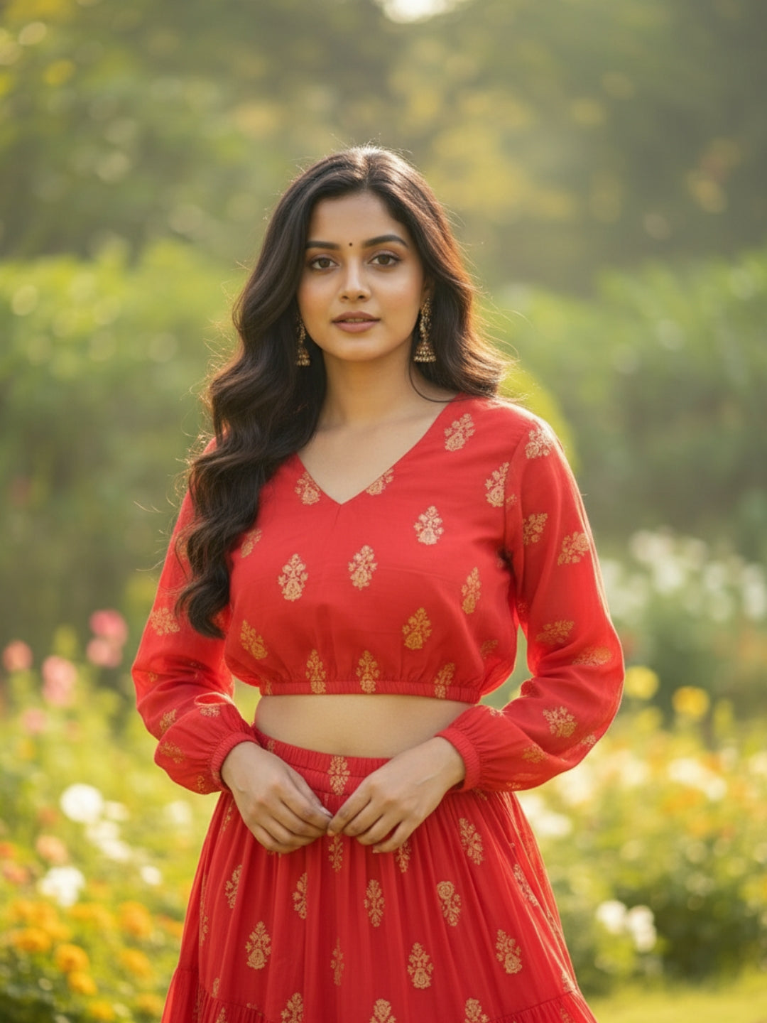 Elegant Red Printed Cord-Set for Women, Festive & Wedding Wear Outfit