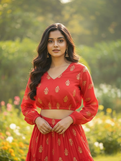 Elegant Red Printed Cord-Set for Women, Festive & Wedding Wear Outfit